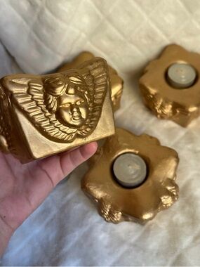 Vintage set of 4 gold cherub face candle holders celestial angel wing cozywitch.